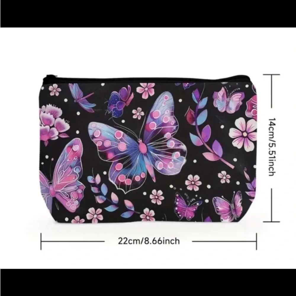 New! Polyester Lightweight Butterfly Design Cosmetic Pouch with Zipper Closure.